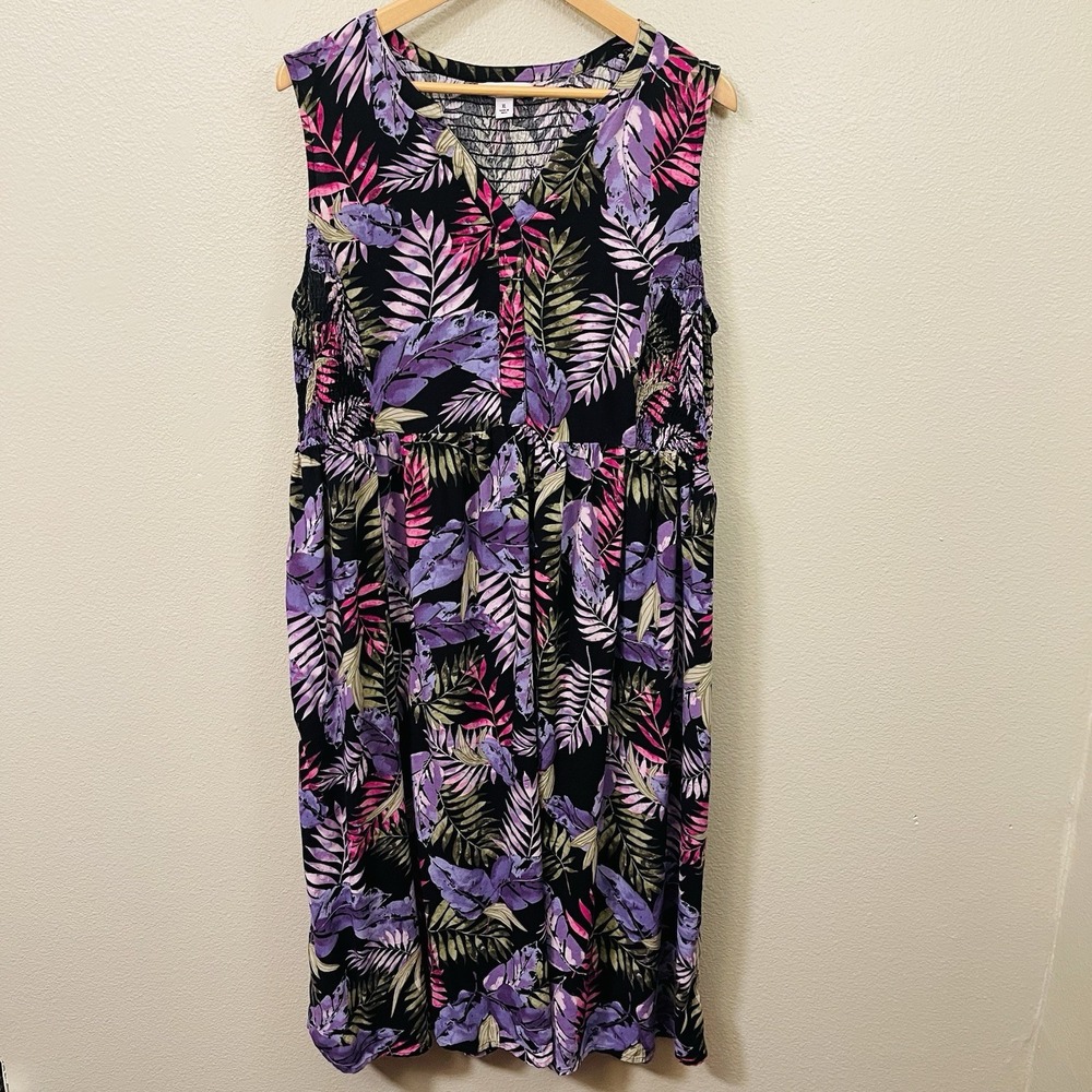 Croft & Barrow Colorful Tropical Dress Smocked Flowy Botanical Purple Pink Sz XL